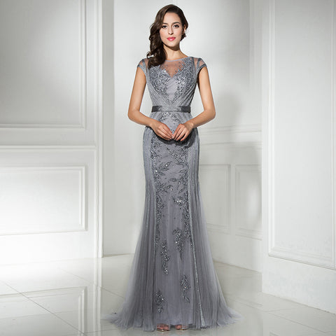 Elegant Silver  - Sleeved Mermaid Gown Tulle Prom Dress, LX296