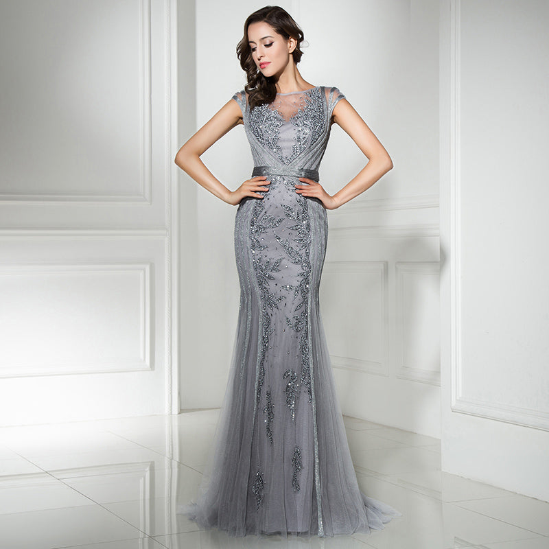 Elegant Silver  - Sleeved Mermaid Gown Tulle Prom Dress, LX296