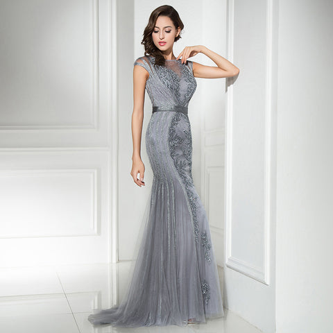 Elegant Silver  - Sleeved Mermaid Gown Tulle Prom Dress, LX296