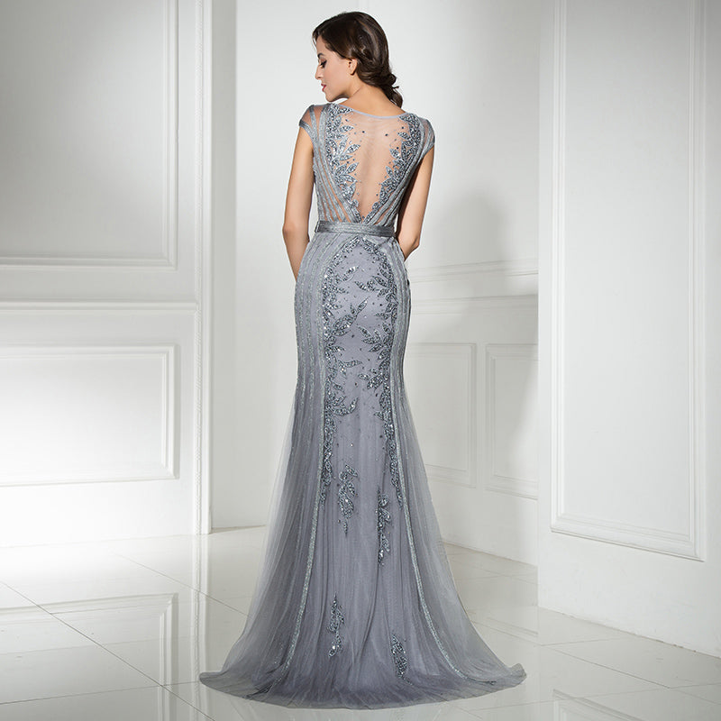 Elegant Silver  - Sleeved Mermaid Gown Tulle Prom Dress, LX296