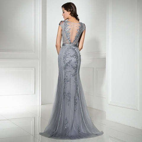 Elegant Silver  - Sleeved Mermaid Gown Tulle Prom Dress, LX296