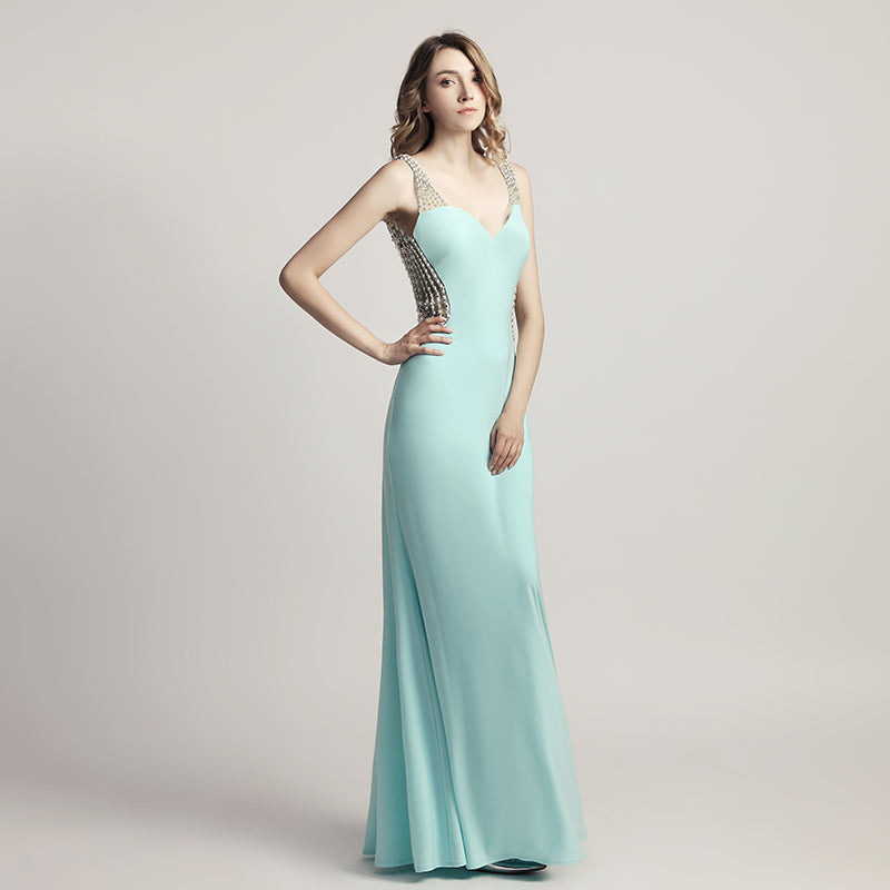 Glamorous Light Blue Sleeveless V - Neck Mermaid Gown with Sparkling Embellishments Prom Dress, LX461