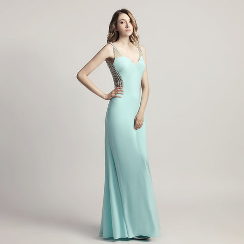 Glamorous Light Blue Sleeveless V - Neck Mermaid Gown with Sparkling Embellishments Prom Dress, LX461