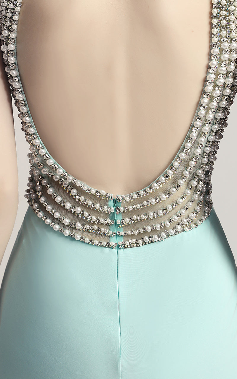 Glamorous Light Blue Sleeveless V - Neck Mermaid Gown with Sparkling Embellishments Prom Dress, LX461