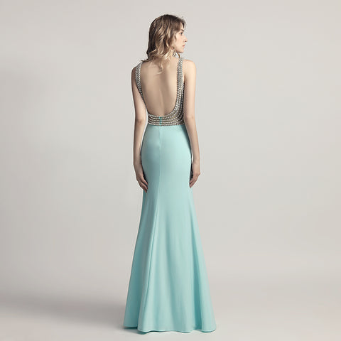 Glamorous Light Blue Sleeveless V - Neck Mermaid Gown with Sparkling Embellishments Prom Dress, LX461