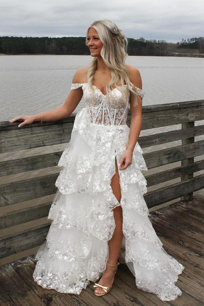 White Long Off the Shoulder Ruffle Tiered Tulle Prom Dresses with Slit