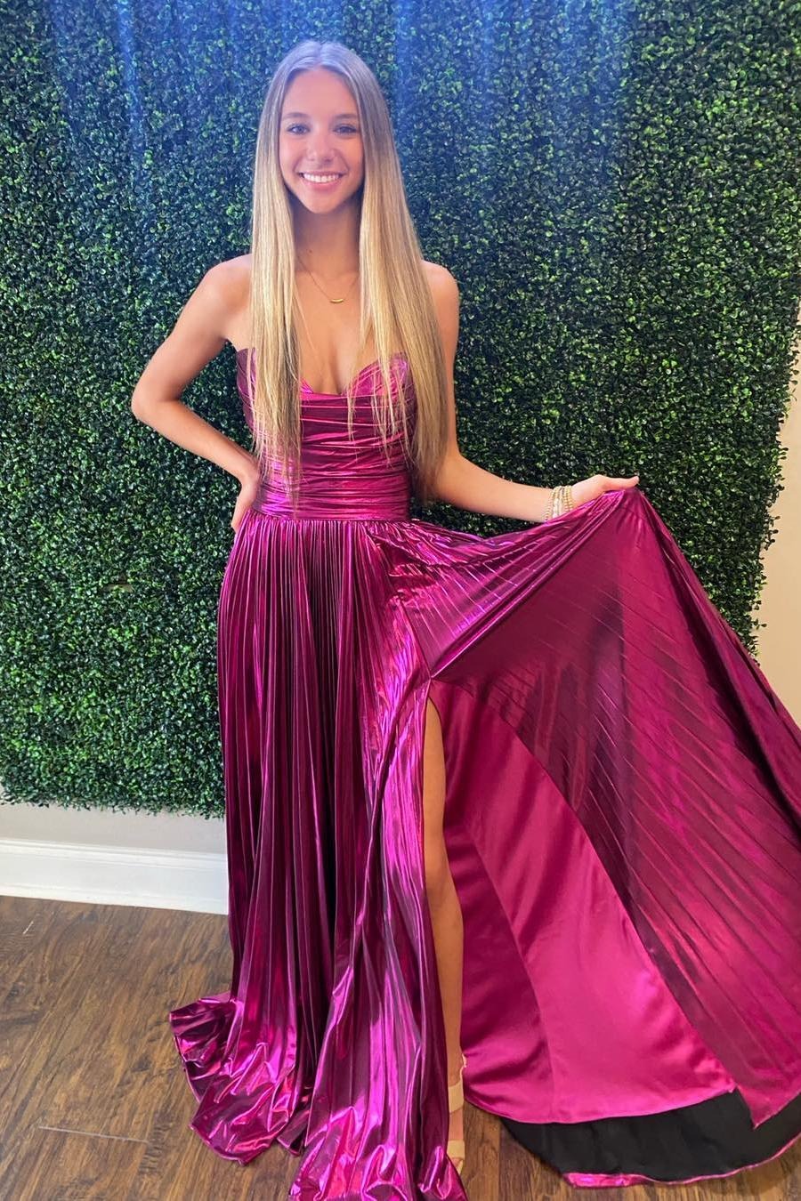 A Line Metallic Satin Pleated Strapless Prom Dresses with Slit