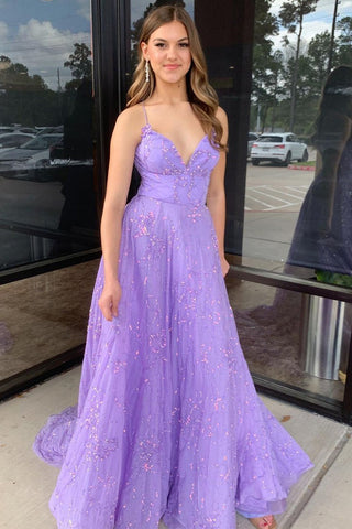 A-Line Lilac Tulle V Neck Long Prom Dress with Sequin
