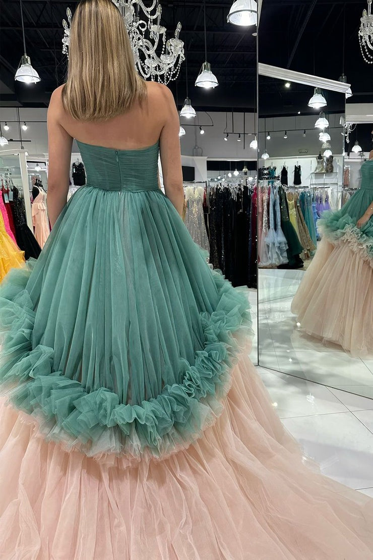 Chic Strapless Ruffle Tiered Tulle A-Line Long Prom Dress