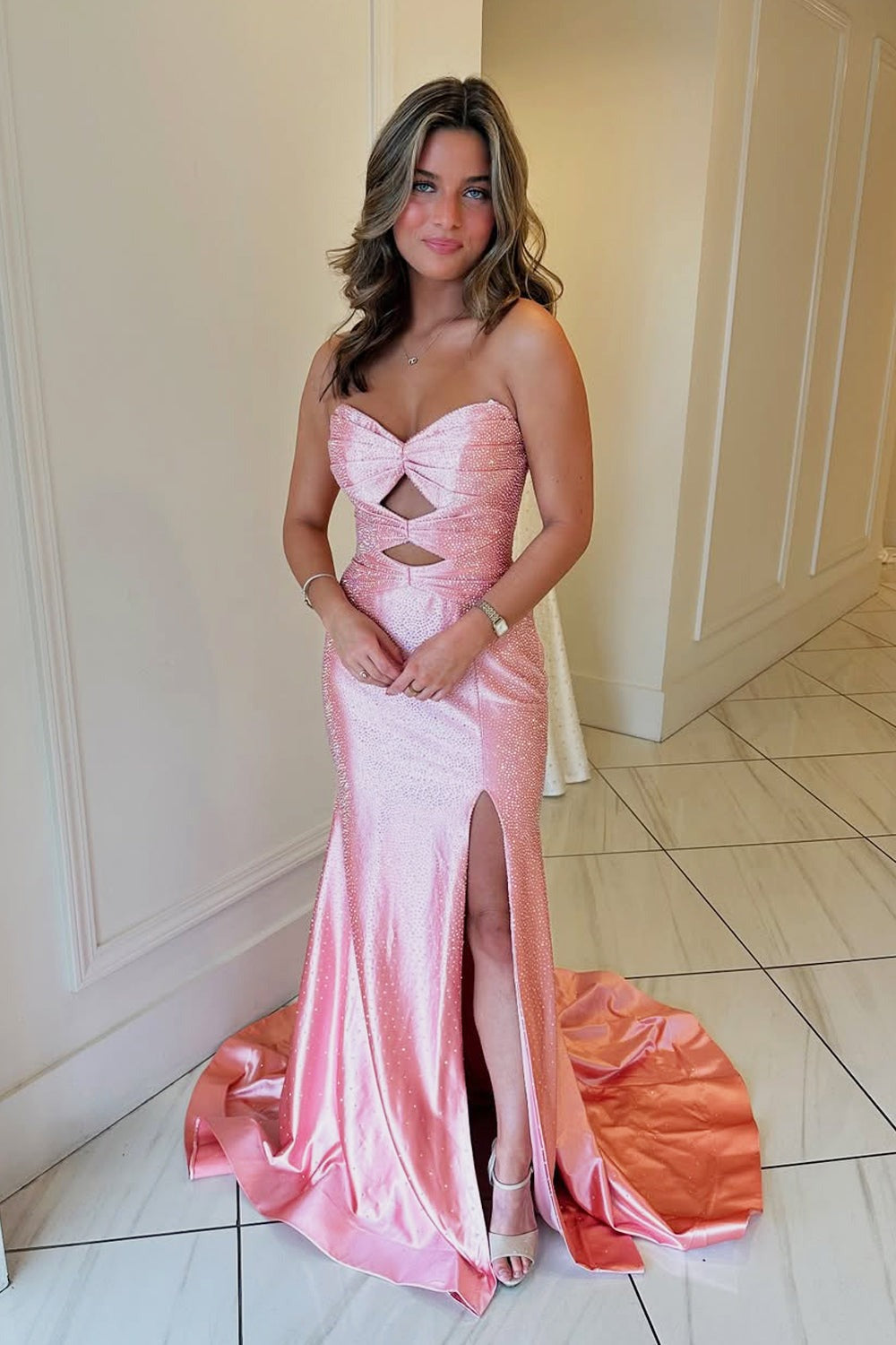 Cute Mermaid Sweetheart Pink Slit Prom Dress