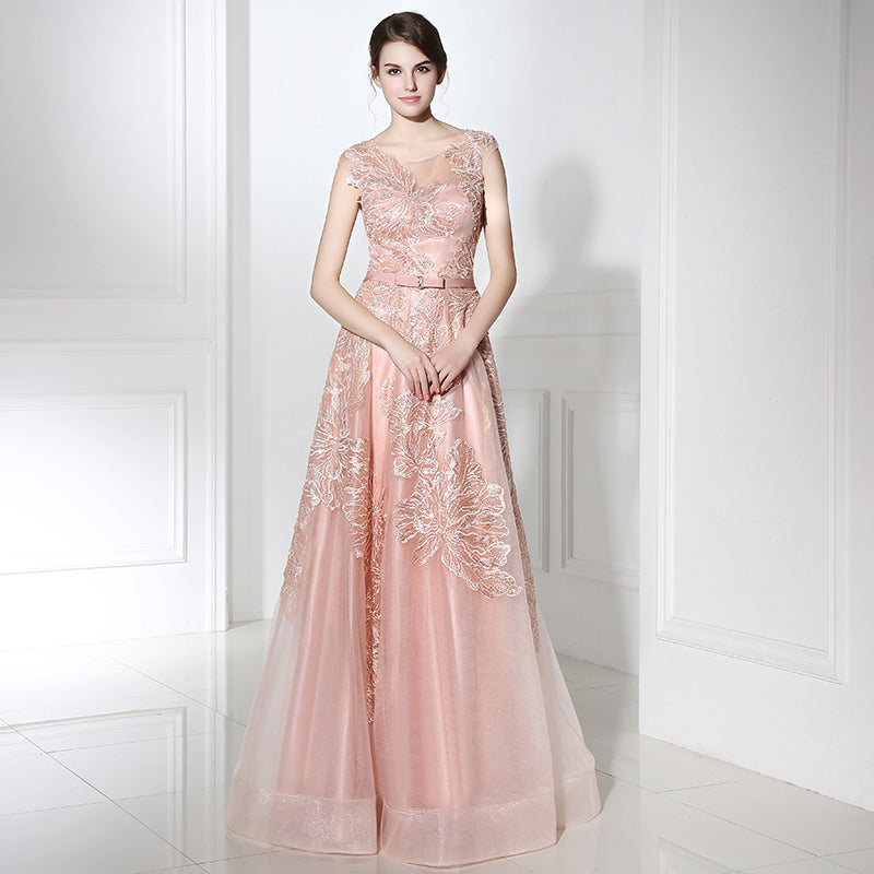 Charming Sleeveless Pink Gown with Delicate Lace Embroidery Prom Dress,LX391