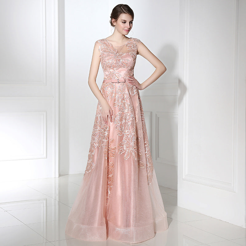 Charming Sleeveless Pink Gown with Delicate Lace Embroidery Prom Dress,LX391