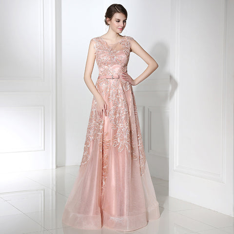 Charming Sleeveless Pink Gown with Delicate Lace Embroidery Prom Dress,LX391