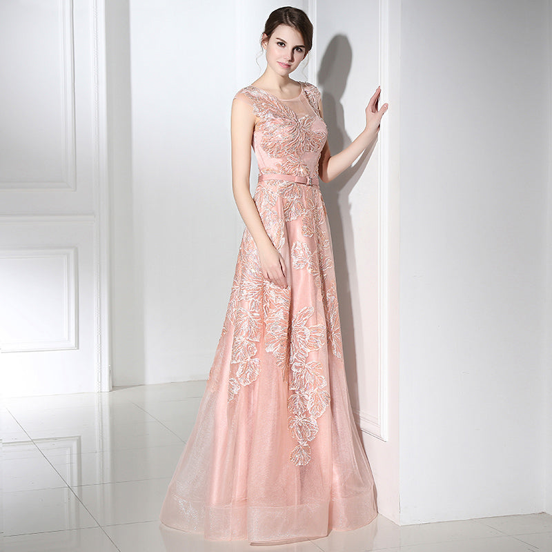 Charming Sleeveless Pink Gown with Delicate Lace Embroidery Prom Dress,LX391