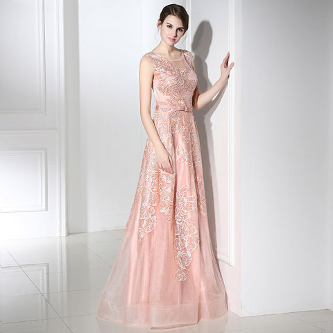 Charming Sleeveless Pink Gown with Delicate Lace Embroidery Prom Dress,LX391