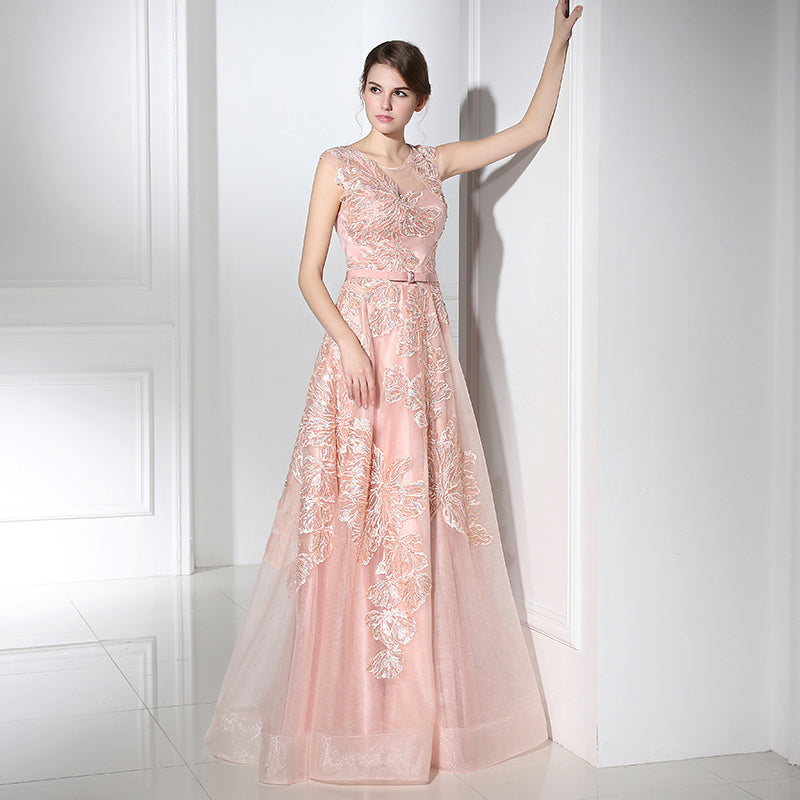 Charming Sleeveless Pink Gown with Delicate Lace Embroidery Prom Dress,LX391