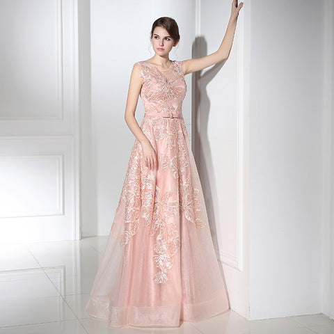 Charming Sleeveless Pink Gown with Delicate Lace Embroidery Prom Dress,LX391