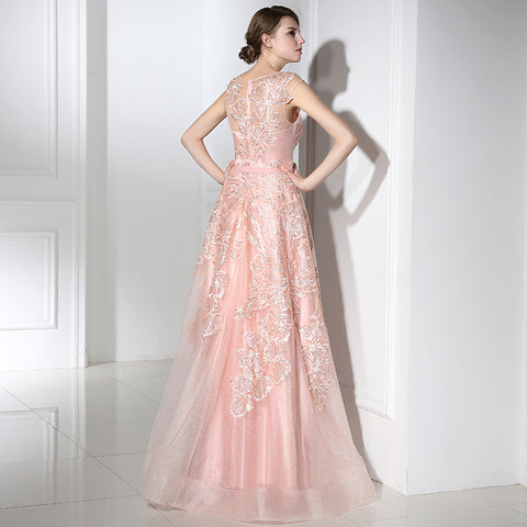 Charming Sleeveless Pink Gown with Delicate Lace Embroidery Prom Dress,LX391