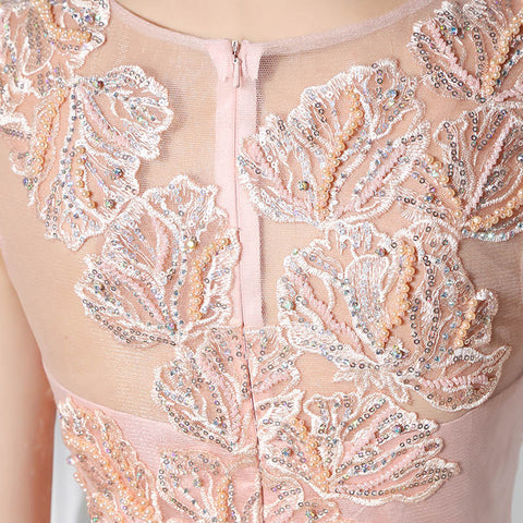 Charming Sleeveless Pink Gown with Delicate Lace Embroidery Prom Dress,LX391