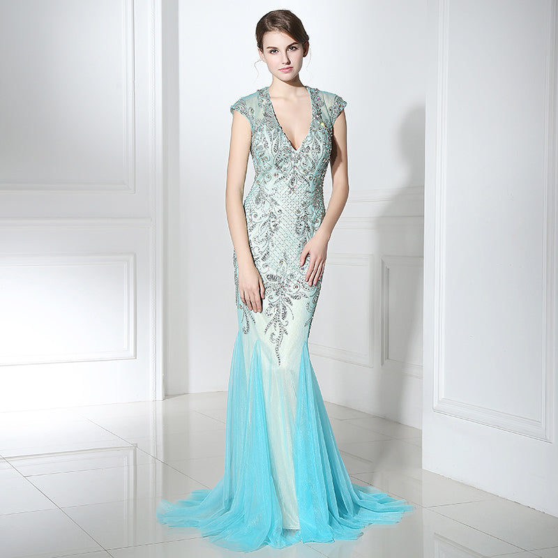 Exquisite V - Neck Mermaid Gown in Light Blue with Embellished Bodice and Tulle Prom Dress,LX392