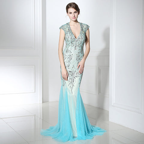 Exquisite V - Neck Mermaid Gown in Light Blue with Embellished Bodice and Tulle Prom Dress,LX392