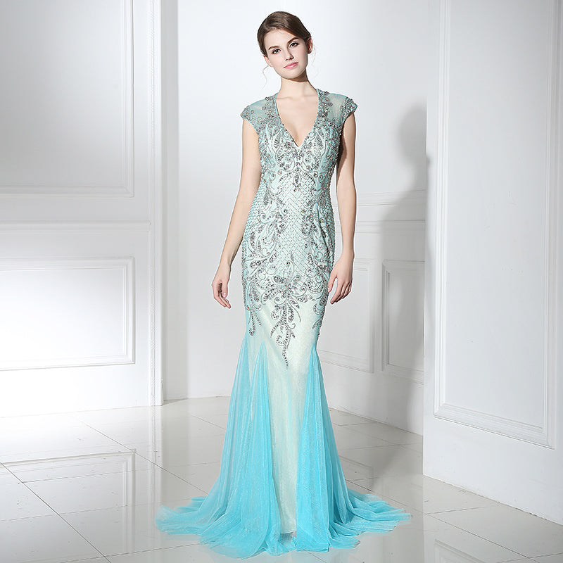 Exquisite V - Neck Mermaid Gown in Light Blue with Embellished Bodice and Tulle Prom Dress,LX392
