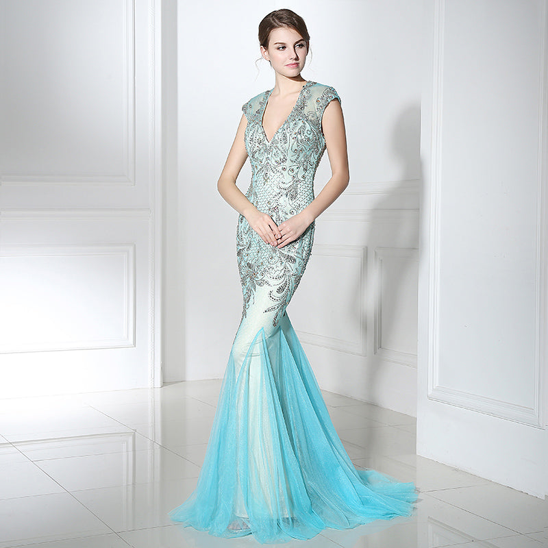 Exquisite V - Neck Mermaid Gown in Light Blue with Embellished Bodice and Tulle Prom Dress,LX392