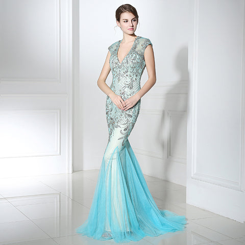 Exquisite V - Neck Mermaid Gown in Light Blue with Embellished Bodice and Tulle Prom Dress,LX392