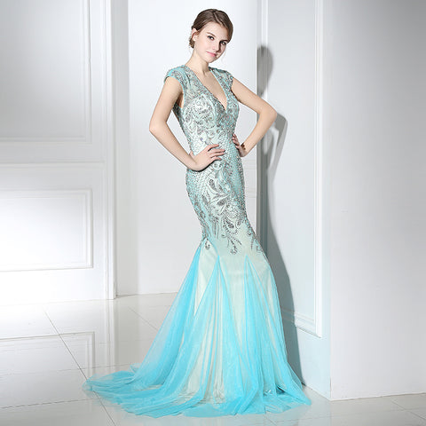 Exquisite V - Neck Mermaid Gown in Light Blue with Embellished Bodice and Tulle Prom Dress,LX392
