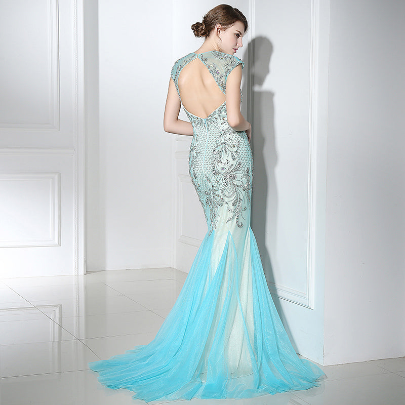 Exquisite V - Neck Mermaid Gown in Light Blue with Embellished Bodice and Tulle Prom Dress,LX392