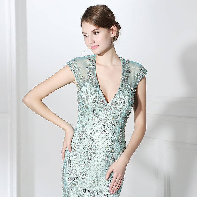 Exquisite V - Neck Mermaid Gown in Light Blue with Embellished Bodice and Tulle Prom Dress,LX392