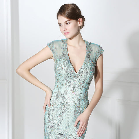 Exquisite V - Neck Mermaid Gown in Light Blue with Embellished Bodice and Tulle Prom Dress,LX392