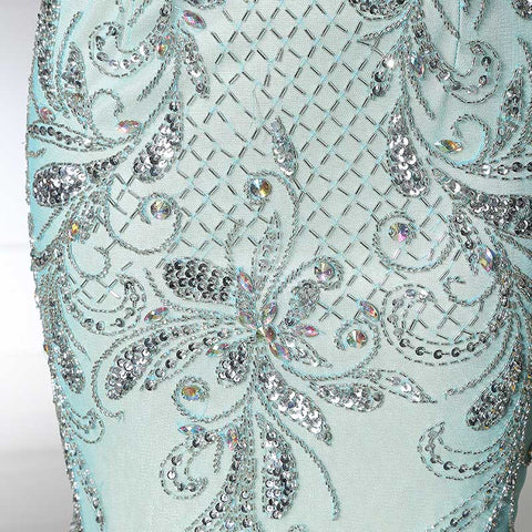 Exquisite V - Neck Mermaid Gown in Light Blue with Embellished Bodice and Tulle Prom Dress,LX392