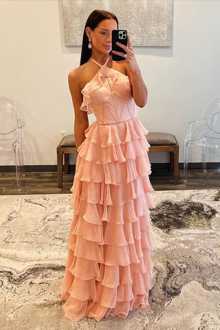 Halter Pink Ruffle Tiered Chiffon A-Line Long Prom Dress