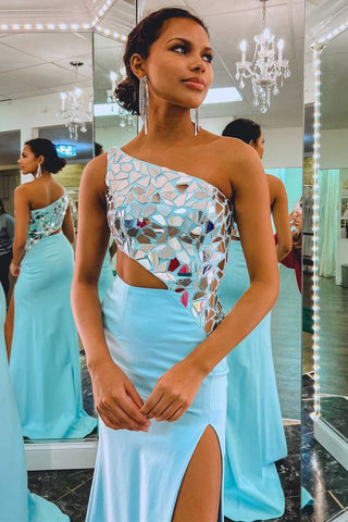 One Shoulder Sheath  Cut Mirror Sequins Prom Dress