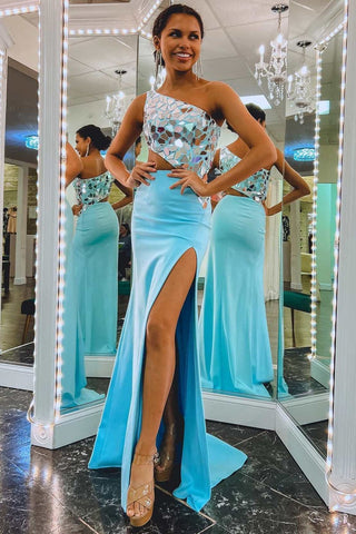 One Shoulder Sheath  Cut Mirror Sequins Prom Dress