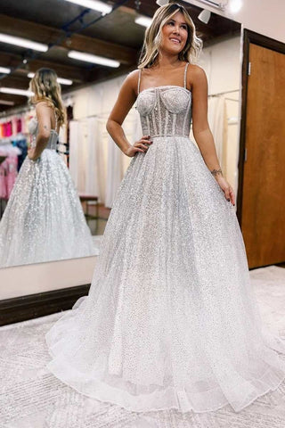 A-Line Silver Ombre Sequins Princess Straps Prom Gown