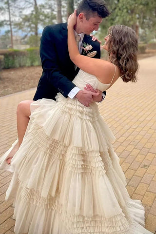 Cute Champagne Ball Gown Scoop Neck Tiered Tulle Prom Dress wirh Slit