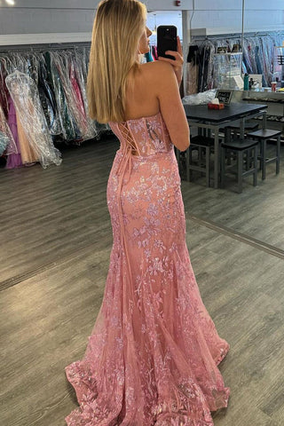 Pink Mermaid Strapless Lace Long Prom Dresses