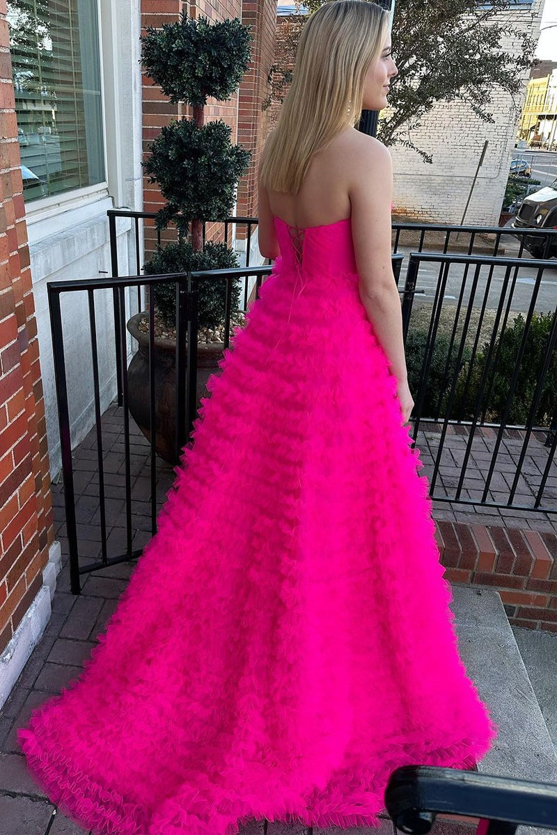 Strapless Tiered Tulle Long Hot Pink Prom Dresses