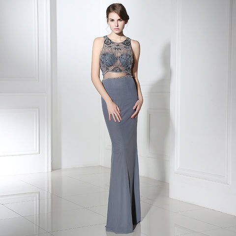 Chic Sleeveless Mermaid Gown with Embroidered Mesh Bodice and Split Prom Dress,LX383