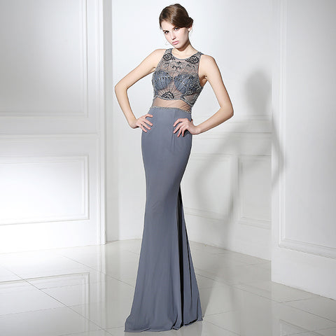Chic Sleeveless Mermaid Gown with Embroidered Mesh Bodice and Split Prom Dress,LX383