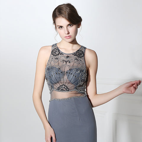 Chic Sleeveless Mermaid Gown with Embroidered Mesh Bodice and Split Prom Dress,LX383