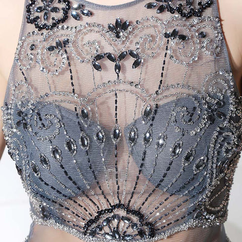 Chic Sleeveless Mermaid Gown with Embroidered Mesh Bodice and Split Prom Dress,LX383
