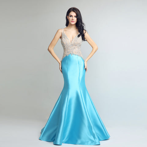 Glamorous Sleeveless V - Neck Turquoise Mermaid Gown with Embellished Bodice Prom Dress,LX248