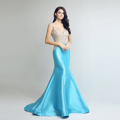 Glamorous Sleeveless V - Neck Turquoise Mermaid Gown with Embellished Bodice Prom Dress,LX248