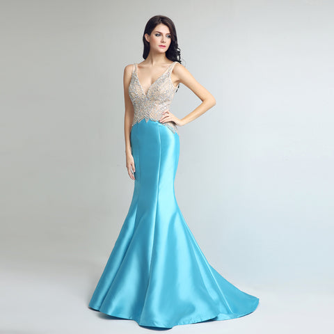 Glamorous Sleeveless V - Neck Turquoise Mermaid Gown with Embellished Bodice Prom Dress,LX248