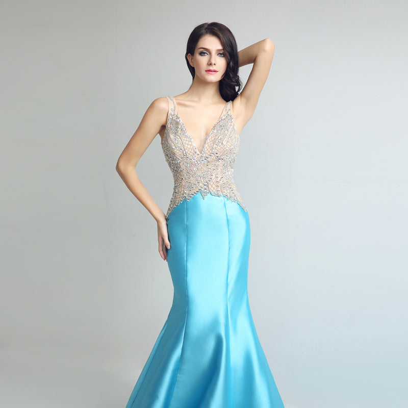 Glamorous Sleeveless V - Neck Turquoise Mermaid Gown with Embellished Bodice Prom Dress,LX248
