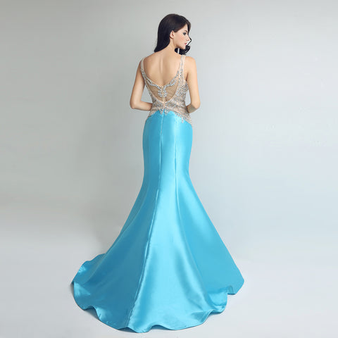 Glamorous Sleeveless V - Neck Turquoise Mermaid Gown with Embellished Bodice Prom Dress,LX248