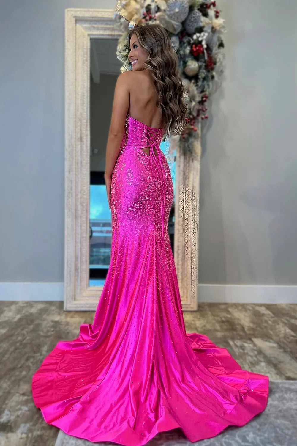 Cute Mermaid Sweetheart Pink Slit Prom Dress